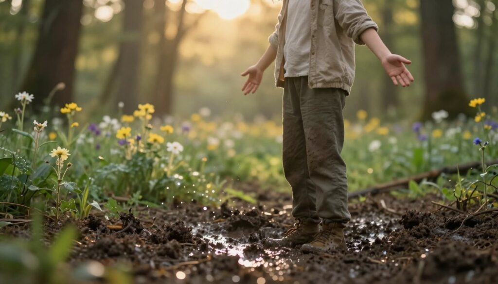 A serene and transformative scene depicting a person in modest casual clothing, standing in a lush, muddy landscape, with their arms outstretched as if embracing a change. The foreground features rich, wet earth, splattered with droplets reflecting sunlight, symbolizing renewal and growth amidst chaos. In the middle ground, wildflowers begin to bloom, contrasting the murky mud to evoke hope. The background reveals a soft-focus forest, bathed in warm, golden light filtering through the trees, creating a tranquil atmosphere. Capture the essence of internal transformation, with an ethereal, dreamlike quality, emphasizing a journey from difficulty to beauty. Use a soft, slightly blurred lens effect to enhance the sense of warmth and introspection.