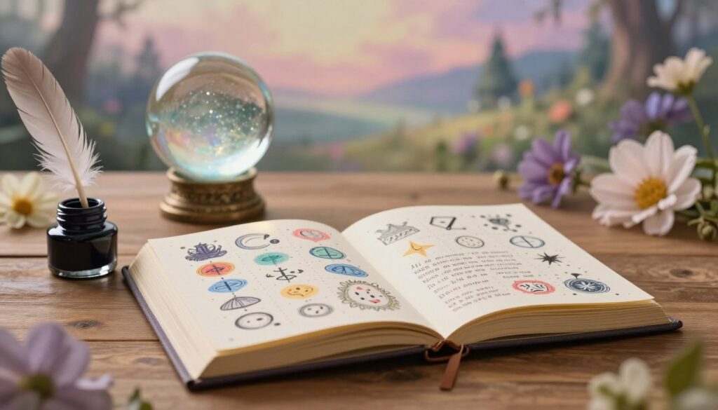 A serene, beautifully illustrated dream journal open on a wooden table, its pages filled with intricate symbols and vibrant dream interpretations. In the foreground, a delicate feather quill rests beside an inkpot, reflecting a sense of creativity and exploration of the subconscious. The middle ground features a softly glowing crystal ball, casting a subtle light that enhances the mystical atmosphere, surrounded by blooming flowers that symbolize different emotions. In the background, an ethereal landscape fades into soft pastels, blending the realms of reality and dreams. The lighting is warm and inviting, creating a tranquil ambiance. A shallow depth of field focuses on the journal, inviting viewers to delve into the significance of dream interpretation. The overall mood is reflective and contemplative, emphasizing the importance of understanding dream symbols. A serene, beautifully illustrated dream journal open on a wooden table, its pages filled with intricate symbols and vibrant dream interpretations. In the foreground, a delicate feather quill rests beside an inkpot, reflecting a sense of creativity and exploration of the subconscious. The middle ground features a softly glowing crystal ball, casting a subtle light that enhances the mystical atmosphere, surrounded by blooming flowers that symbolize different emotions. In the background, an ethereal landscape fades into soft pastels, blending the realms of reality and dreams. The lighting is warm and inviting, creating a tranquil ambiance. A shallow depth of field focuses on the journal, inviting viewers to delve into the significance of dream interpretation. The overall mood is reflective and contemplative, emphasizing the importance of understanding dream symbols.