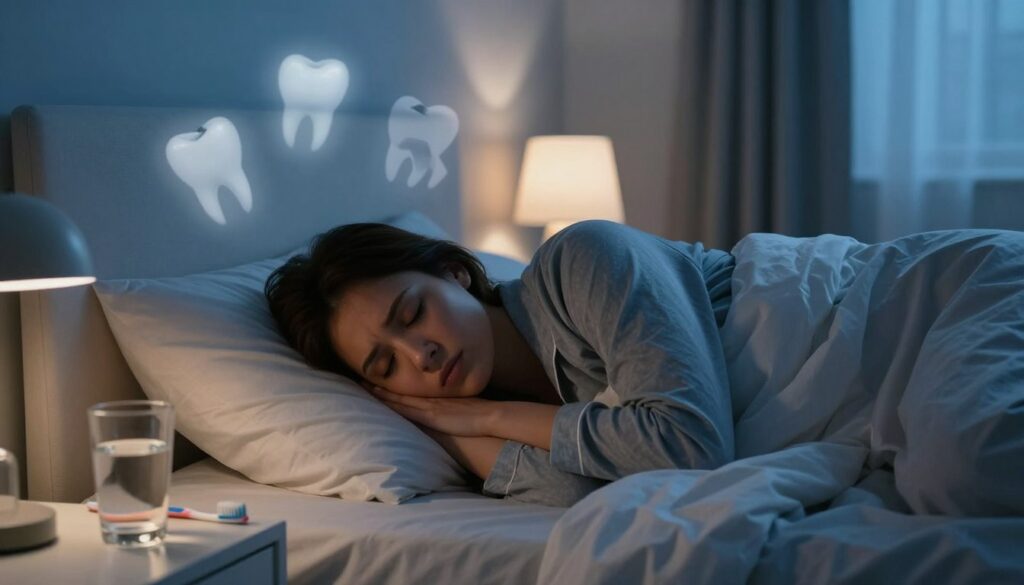 A serene bedroom scene at night, featuring a person in their early 30s, sleeping peacefully in a cozy bed, dressed in comfortable pajamas. Their posture suggests relaxation but is subtly tense, hinting at an underlying anxiety about their dental health. The foreground features a bedside table with a glass of water and a toothbrush, symbolizing dental care. In the middle, a faint dream-like cloud above the sleeper contains abstract images of teeth and symbols of worry, like shadows of broken teeth. The background shows a softly lit room with calming blue hues, evoking a tranquil yet contemplative atmosphere. Gentle, warm light from a bedside lamp enhances the serene mood while casting soft shadows, creating a contrast between comfort and concern for dental health affecting dream quality. A serene bedroom scene at night, featuring a person in their early 30s, sleeping peacefully in a cozy bed, dressed in comfortable pajamas. Their posture suggests relaxation but is subtly tense, hinting at an underlying anxiety about their dental health. The foreground features a bedside table with a glass of water and a toothbrush, symbolizing dental care. In the middle, a faint dream-like cloud above the sleeper contains abstract images of teeth and symbols of worry, like shadows of broken teeth. The background shows a softly lit room with calming blue hues, evoking a tranquil yet contemplative atmosphere. Gentle, warm light from a bedside lamp enhances the serene mood while casting soft shadows, creating a contrast between comfort and concern for dental health affecting dream quality.