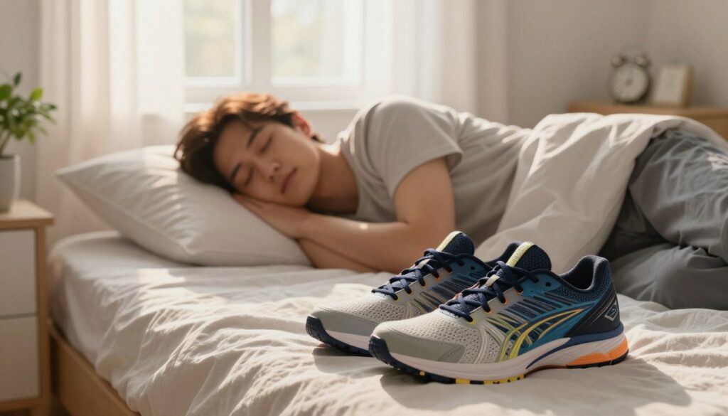 A serene bedroom scene showcasing the relationship between sleep quality and athletic footwear. In the foreground, a pair of vibrant, well-designed sports shoes rests beside a neatly made bed with soft, inviting linens. In the middle ground, a peaceful figure in modest loungewear lies on the bed, eyes gently closed, embodying tranquility. The background reveals a softly lit window with sheer curtains, allowing warm, golden sunlight to filter in, creating a calm and cozy atmosphere. Elements like a small potted plant and a clock on the bedside table indicate the importance of time and nature for restful sleep. The overall mood is tranquil and introspective, highlighting the connection between quality sleep and physical readiness.