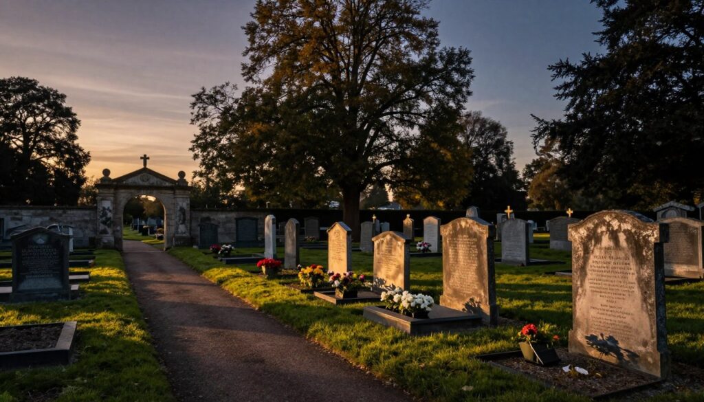 A serene cemetery at twilight, illuminated by soft, golden light, casting long shadows on the weathered gravestones. In the foreground, a path lined with neatly trimmed grass leads towards an ornate stone gate, symbolizing the passage of time and memory. The middle ground features varying conditions of the graves; some well-tended with vibrant flowers, others overgrown and worn, representing the state of remembrance. The background shows towering trees with leaves gently rustling in a light breeze, under a sky transitioning from warm hues to deep indigo. The mood is contemplative and tranquil, inviting reflection on the memories of loved ones and the importance of honoring the past. The image is captured from a low angle, emphasizing the gravestones against the vast sky above. A serene cemetery at twilight, illuminated by soft, golden light, casting long shadows on the weathered gravestones. In the foreground, a path lined with neatly trimmed grass leads towards an ornate stone gate, symbolizing the passage of time and memory. The middle ground features varying conditions of the graves; some well-tended with vibrant flowers, others overgrown and worn, representing the state of remembrance. The background shows towering trees with leaves gently rustling in a light breeze, under a sky transitioning from warm hues to deep indigo. The mood is contemplative and tranquil, inviting reflection on the memories of loved ones and the importance of honoring the past. The image is captured from a low angle, emphasizing the gravestones against the vast sky above.