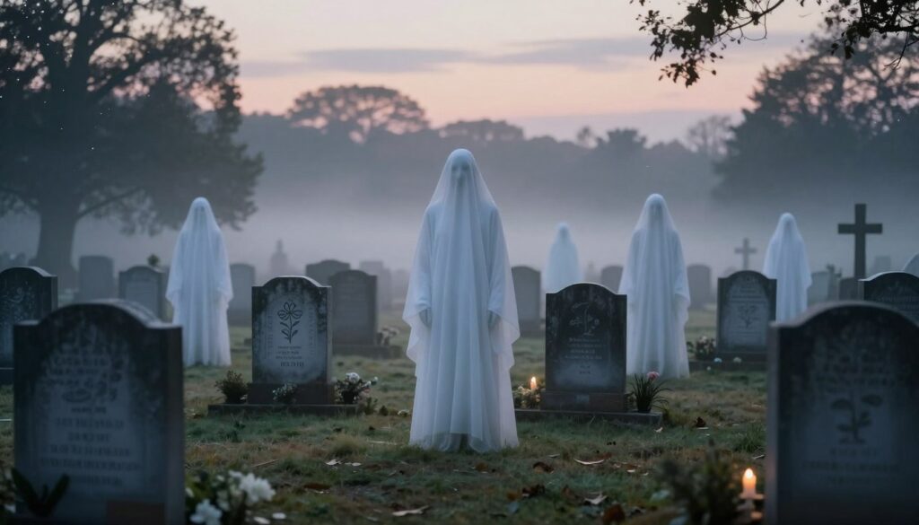 A serene cemetery scene at dusk, illuminated by soft, ethereal lighting that creates a reflective atmosphere. In the foreground, a misty path lined with weathered tombstones, each engraved with delicate symbols representing the departed, such as flowers, doves, and candles. The middle ground showcases ghostly figures of benevolent spirits, appearing calm and peaceful, dressed in flowing, modest garments that evoke a sense of tranquility. In the background, a hazy tree line silhouetted against a fading sky, with stars beginning to twinkle, further enhancing the dreamlike mood. The composition is framed with a gentle lens blur to emphasize the foreground, while the overall tone is both contemplative and respectful, inviting reflection on themes of farewell and serenity. A serene cemetery scene at dusk, illuminated by soft, ethereal lighting that creates a reflective atmosphere. In the foreground, a misty path lined with weathered tombstones, each engraved with delicate symbols representing the departed, such as flowers, doves, and candles. The middle ground showcases ghostly figures of benevolent spirits, appearing calm and peaceful, dressed in flowing, modest garments that evoke a sense of tranquility. In the background, a hazy tree line silhouetted against a fading sky, with stars beginning to twinkle, further enhancing the dreamlike mood. The composition is framed with a gentle lens blur to emphasize the foreground, while the overall tone is both contemplative and respectful, inviting reflection on themes of farewell and serenity.