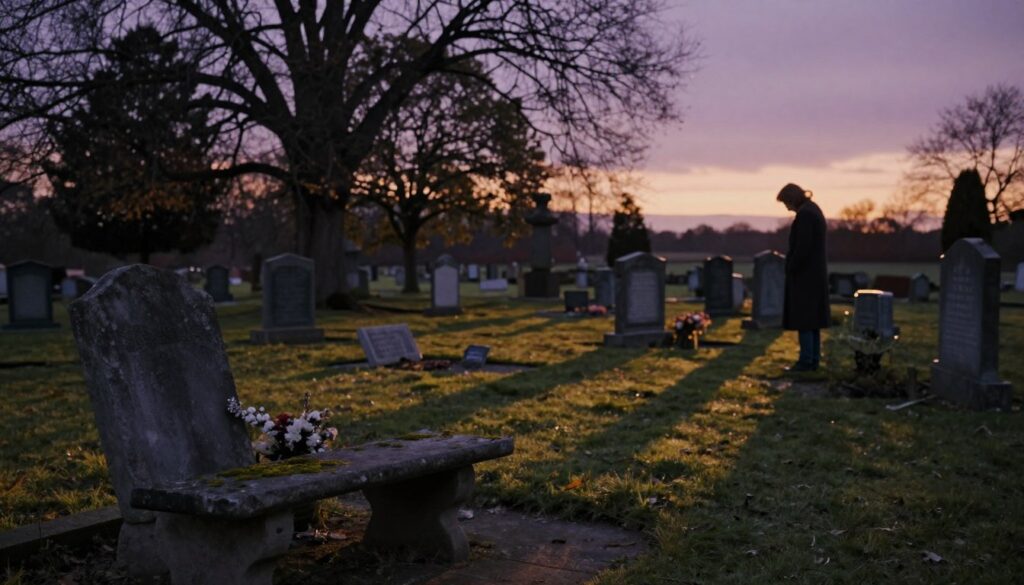 A serene cemetery scene at twilight, capturing the emotional atmosphere of a visit. In the foreground, a weathered stone bench adorned with soft moss, inviting reflection. In the middle ground, modest gravestones of varying shapes, some with faded flowers, creating a sense of remembrance and nostalgia. The background showcases gently swaying trees, their leaves whispering in the breeze, under a dusky sky painted in shades of purple and orange. Soft, ethereal lighting casts long shadows, enhancing the feeling of tranquility mixed with melancholy. A solitary figure in respectful attire stands beside a gravestone, head bowed in contemplation, evoking a sense of connection and loss. The overall mood is contemplative and introspective, perfect for illustrating the emotions tied to visiting a cemetery. A serene cemetery scene at twilight, capturing the emotional atmosphere of a visit. In the foreground, a weathered stone bench adorned with soft moss, inviting reflection. In the middle ground, modest gravestones of varying shapes, some with faded flowers, creating a sense of remembrance and nostalgia. The background showcases gently swaying trees, their leaves whispering in the breeze, under a dusky sky painted in shades of purple and orange. Soft, ethereal lighting casts long shadows, enhancing the feeling of tranquility mixed with melancholy. A solitary figure in respectful attire stands beside a gravestone, head bowed in contemplation, evoking a sense of connection and loss. The overall mood is contemplative and introspective, perfect for illustrating the emotions tied to visiting a cemetery.