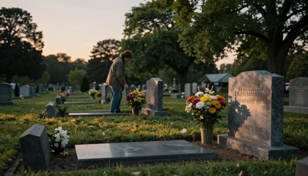 A serene cemetery scene during twilight, with gentle lighting casting soft shadows across the gravestones. In the foreground, vibrant flowers in bloom adorn a well-maintained grave, symbolizing the care and remembrance of loved ones. In the middle ground, a figure dressed in modest casual clothing respectfully tends to the area, reflecting themes of mental clarity and emotional healing. The background features lush green trees under a softly fading sky, hinting at peace and tranquility. The atmosphere is calm and reflective, inviting serenity and contemplation. The image is captured from a low angle to emphasize the gravestones against the softly illuminated sky, enhancing the sense of introspection and connection to the past. A serene cemetery scene during twilight, with gentle lighting casting soft shadows across the gravestones. In the foreground, vibrant flowers in bloom adorn a well-maintained grave, symbolizing the care and remembrance of loved ones. In the middle ground, a figure dressed in modest casual clothing respectfully tends to the area, reflecting themes of mental clarity and emotional healing. The background features lush green trees under a softly fading sky, hinting at peace and tranquility. The atmosphere is calm and reflective, inviting serenity and contemplation. The image is captured from a low angle to emphasize the gravestones against the softly illuminated sky, enhancing the sense of introspection and connection to the past.