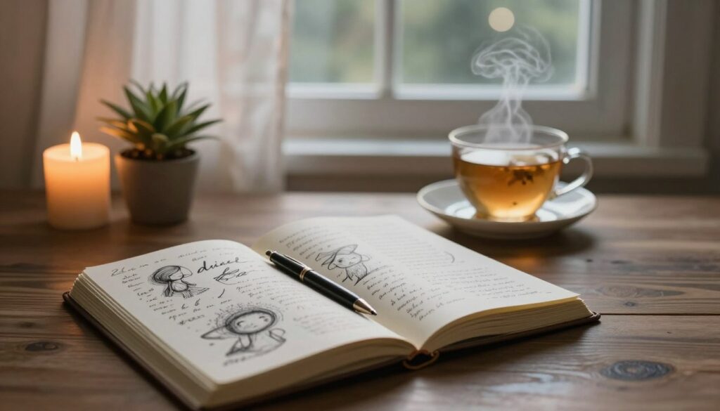 A serene desk setting for a dream journal, featuring an open notebook filled with intricate sketches and handwritten notes about dreams. In the foreground, a quill pen rests beside the journal, reflecting soft, warm candlelight illuminating the pages. The middle layer includes a small potted plant and a steaming cup of herbal tea, hinting at introspection and comfort. The background features a tranquil window scene with flowing curtains, allowing gentle moonlight to filter through, casting delicate shadows. The atmosphere is calm and introspective, capturing the essence of exploring subconscious thoughts and emotions through dream documentation. The overall lighting is soft and inviting, emphasizing a sense of peace and self-discovery.