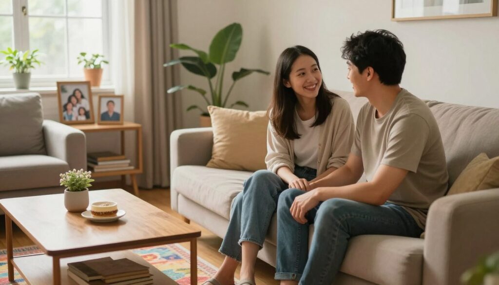 A serene domestic scene depicting a warm and inviting family living room, showcasing the theme of partner relationships and family life. In the foreground, a couple in modest, casual clothing sits on a comfortable sofa, engaged in a friendly conversation while smiling warmly at each other. The middle ground features a coffee table adorned with a colorful, patterned rug representing comfort and stability. In the background, soft natural light filters through a window, casting a gentle glow on family photos and potted plants, emphasizing the atmosphere of love and connection. The composition captures a sense of harmony and warmth, inviting the viewer into a cozy domestic space that symbolizes the essence of healthy relationships and family bonds.