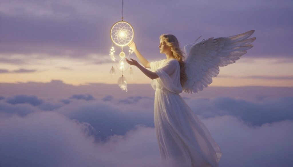A serene dream interpretation scene depicting a soft, ethereal glow enveloping an angel figure standing gracefully amidst swirling clouds. In the foreground, the angel, adorned in flowing white robes, extends its hands towards a glowing dreamcatcher suspended in the air, symbolizing protection and guidance. The middle ground is filled with delicate wisps of mist and faintly shimmering stars, enhancing the magical atmosphere. In the background, a tranquil night sky transitions to dawn, with gentle hues of purple and gold merging seamlessly. The lighting is soft and diffused, creating a dreamlike quality, while a slightly tilted angle gives a sense of depth and wonder. The mood conveys serenity, wisdom, and a sense of spiritual connection. A serene dream interpretation scene depicting a soft, ethereal glow enveloping an angel figure standing gracefully amidst swirling clouds. In the foreground, the angel, adorned in flowing white robes, extends its hands towards a glowing dreamcatcher suspended in the air, symbolizing protection and guidance. The middle ground is filled with delicate wisps of mist and faintly shimmering stars, enhancing the magical atmosphere. In the background, a tranquil night sky transitions to dawn, with gentle hues of purple and gold merging seamlessly. The lighting is soft and diffused, creating a dreamlike quality, while a slightly tilted angle gives a sense of depth and wonder. The mood conveys serenity, wisdom, and a sense of spiritual connection.
