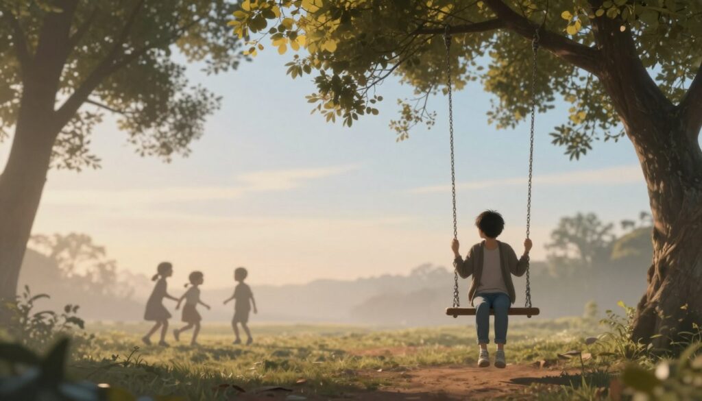 A serene dream-like landscape depicting childhood memories, featuring a hazy, whimsical park with swings and trees, softly illuminated by warm sunlight filtering through the leaves. In the foreground, a thoughtful young person sits on a swing, lost in contemplation, dressed in modest casual clothing, embodying a sense of nostalgia. In the middle ground, faint silhouettes of children playing, laughing, creating a contrast between past innocence and present longing. The background features a gentle gradient sky transitioning from soft blue to warm golden tones, enhancing the dreamlike quality. The atmosphere is reflective and bittersweet, evoking emotions of yearning, memory, and unresolved feelings, with soft focus effects resembling a distant dream.