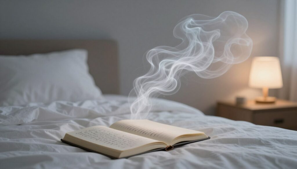 A serene, dream-like scene illustrating the concept of sleep quality and dream recollection. In the foreground, a peaceful bedroom with a cozy bed covered in soft, white linens, symbolizing purity and tranquility. An open journal lies on the bedside table, with handwritten notes reflecting dreams, illuminated by a gentle warm light from a nearby lamp. In the middle ground, a flowing abstract representation of dreamy wisps or clouds represents thoughts and memories blending together, capturing the essence of dreams. The background features calm, muted colors that evoke a peaceful atmosphere, with soft shadows and soft focus to enhance the dream-like quality. The overall mood is tranquil and introspective, celebrating the beauty of dreaming and the subconscious mind.