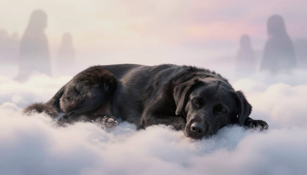 A serene dream sequence depicting a majestic black dog of varying sizes, lying peacefully in a soft, cloud-like environment. In the foreground, the dog is portrayed in a gentle slumber, showcasing its loyalty and protective nature. The middle ground features a subtle, ethereal glow around the dog, symbolizing the hidden meanings of dreams, accompanied by faint outlines of shadowy figures that reflect fear and guardianship. In the background, a misty landscape fades into pastel colors, enhancing a dreamy and tranquil atmosphere. The lighting is soft and diffused, casting gentle shadows that create a sense of calm. The angle is slightly elevated, focusing on the dog's expression, conveying a mood of safety and comfort. A serene dream sequence depicting a majestic black dog of varying sizes, lying peacefully in a soft, cloud-like environment. In the foreground, the dog is portrayed in a gentle slumber, showcasing its loyalty and protective nature. The middle ground features a subtle, ethereal glow around the dog, symbolizing the hidden meanings of dreams, accompanied by faint outlines of shadowy figures that reflect fear and guardianship. In the background, a misty landscape fades into pastel colors, enhancing a dreamy and tranquil atmosphere. The lighting is soft and diffused, casting gentle shadows that create a sense of calm. The angle is slightly elevated, focusing on the dog's expression, conveying a mood of safety and comfort.