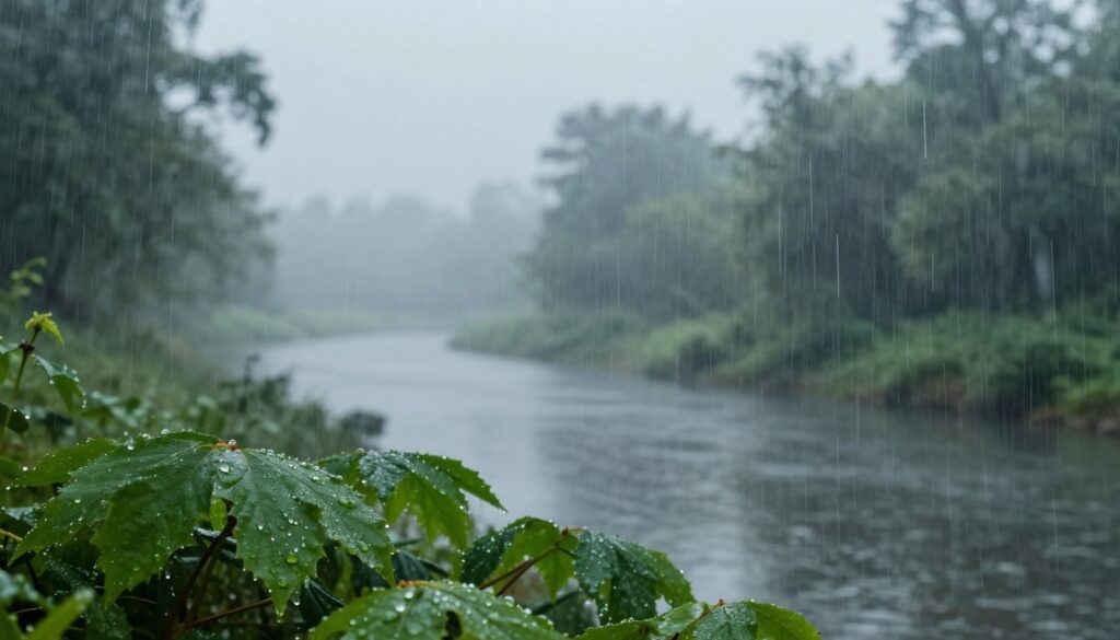 A serene, dreamlike landscape showcasing a gently falling rain over a tranquil forest scene. In the foreground, vibrant green leaves glisten with raindrops, symbolizing emotional renewal. A soft, misty quality blankets the middle ground, where a calm stream reflects the muted colors of the overcast sky, conveying introspection. In the background, blurred silhouettes of distant trees fade into the gray, creating a sense of melancholy. The lighting is soft and diffused, emanating from the overcast sky, enhancing the mood of quiet contemplation. The perspective is slightly elevated, capturing both the close-up details of wet foliage and the expansive rain-soaked landscape beyond. The atmosphere is one of gentle sorrow mixed with hope, embodying the psychological themes of cleansing and emotional relief associated with rain. A serene, dreamlike landscape showcasing a gently falling rain over a tranquil forest scene. In the foreground, vibrant green leaves glisten with raindrops, symbolizing emotional renewal. A soft, misty quality blankets the middle ground, where a calm stream reflects the muted colors of the overcast sky, conveying introspection. In the background, blurred silhouettes of distant trees fade into the gray, creating a sense of melancholy. The lighting is soft and diffused, emanating from the overcast sky, enhancing the mood of quiet contemplation. The perspective is slightly elevated, capturing both the close-up details of wet foliage and the expansive rain-soaked landscape beyond. The atmosphere is one of gentle sorrow mixed with hope, embodying the psychological themes of cleansing and emotional relief associated with rain.