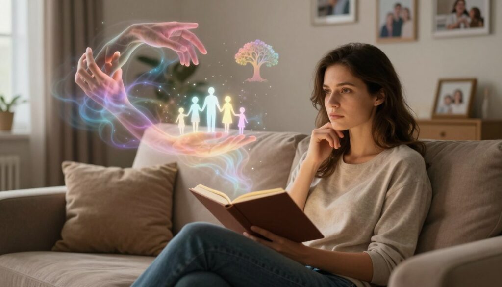 A serene dreamlike scene capturing the essence of interpreting dreams about loved ones. In the foreground, a thoughtful woman in modest casual clothing sits on a plush sofa, holding a dream journal, her expression reflective and contemplative. In the middle ground, soft, ethereal wisps of colorful dream imagery swirl around her, depicting symbolic representations of family bonds, love, and change – such as intertwined hands, a family tree, and gentle light illuminating their faces. The background features a cozy, warmly lit living room with family photos adorning the walls, underscoring the theme of familial connections. The soft, diffused lighting gives the scene a comforting, introspective atmosphere, enhancing the sense of warmth and connection. Use a slightly elevated angle to capture both the subject’s expressions and the floating dream elements harmoniously. A serene dreamlike scene capturing the essence of interpreting dreams about loved ones. In the foreground, a thoughtful woman in modest casual clothing sits on a plush sofa, holding a dream journal, her expression reflective and contemplative. In the middle ground, soft, ethereal wisps of colorful dream imagery swirl around her, depicting symbolic representations of family bonds, love, and change – such as intertwined hands, a family tree, and gentle light illuminating their faces. The background features a cozy, warmly lit living room with family photos adorning the walls, underscoring the theme of familial connections. The soft, diffused lighting gives the scene a comforting, introspective atmosphere, enhancing the sense of warmth and connection. Use a slightly elevated angle to capture both the subject’s expressions and the floating dream elements harmoniously.