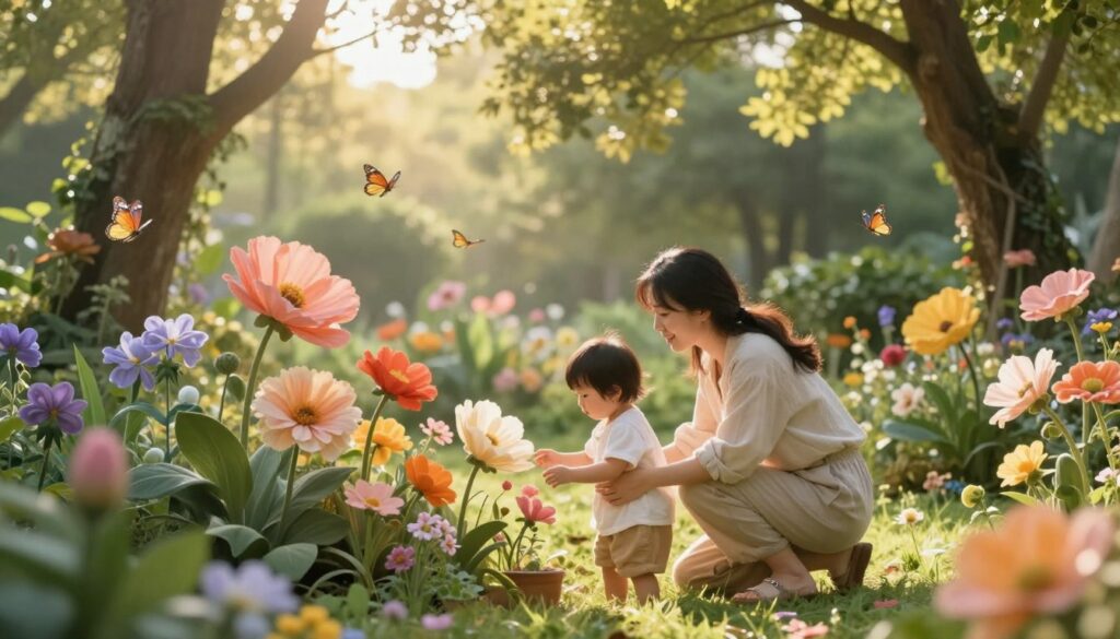 A serene dreamlike scene depicting a gentle, nurturing interaction between a parent and a small child in a lush, vibrant garden. In the foreground, the parent, dressed in soft, modest casual clothing, kneels down with a warm expression, engaging with the child who is playing with colorful, oversized flowers. The middle ground features a variety of blooming plants symbolizing growth and care, while butterflies flit around, adding to the whimsical atmosphere. In the background, soft sunlight filters through the leaves of tall trees, casting a warm golden glow over the entire scene, evoking feelings of tenderness and wonder. The image captures a profound sense of love, protection, and the beauty of childhood in a dreamlike state, emphasizing harmony and growth.