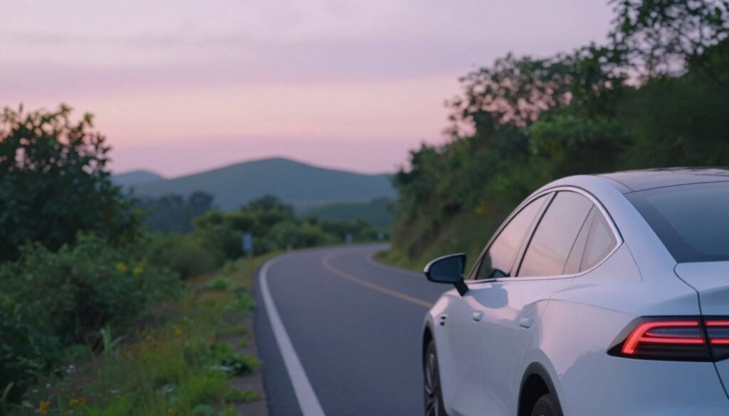 A serene dreamlike scene depicting a white car peacefully navigating a winding road surrounded by lush greenery. In the foreground, the car glistens in soft morning light, symbolizing a calm transition and clarity. The middle layer features gentle hills and trees softly blurred, evoking a sense of tranquility and introspection. The background showcases a pastel sky at dawn, with subtle hues of pink and lavender that enhance the peaceful atmosphere. The composition is captured from a low angle, creating an inviting perspective. The overall mood is reflective and soothing, suggesting the psychological exploration of dreams related to vehicles, emphasizing a journey of self-discovery and direction.