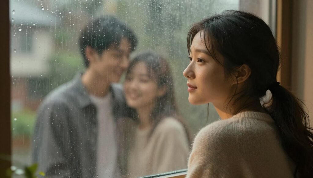 A serene, dreamlike scene depicting a woman lost in thought, gazing out of a window on a rainy day. In the foreground, she is shown in a soft, cozy sweater, with gentle light illuminating her contemplative expression. The middle layer presents an ethereal backdrop of fading memories, illustrated by faint, translucent images of a past relationship—a young couple smiling together, framed in soft-focus. In the background, raindrops create a melancholic atmosphere as they cascade down the window, subtly blurring the outside world. The lighting is warm yet muted, casting a gentle glow that evokes nostalgia and reflection. The overall mood is introspective, inviting the viewer to explore the complexity of emotions tied to dreams about former relationships.
