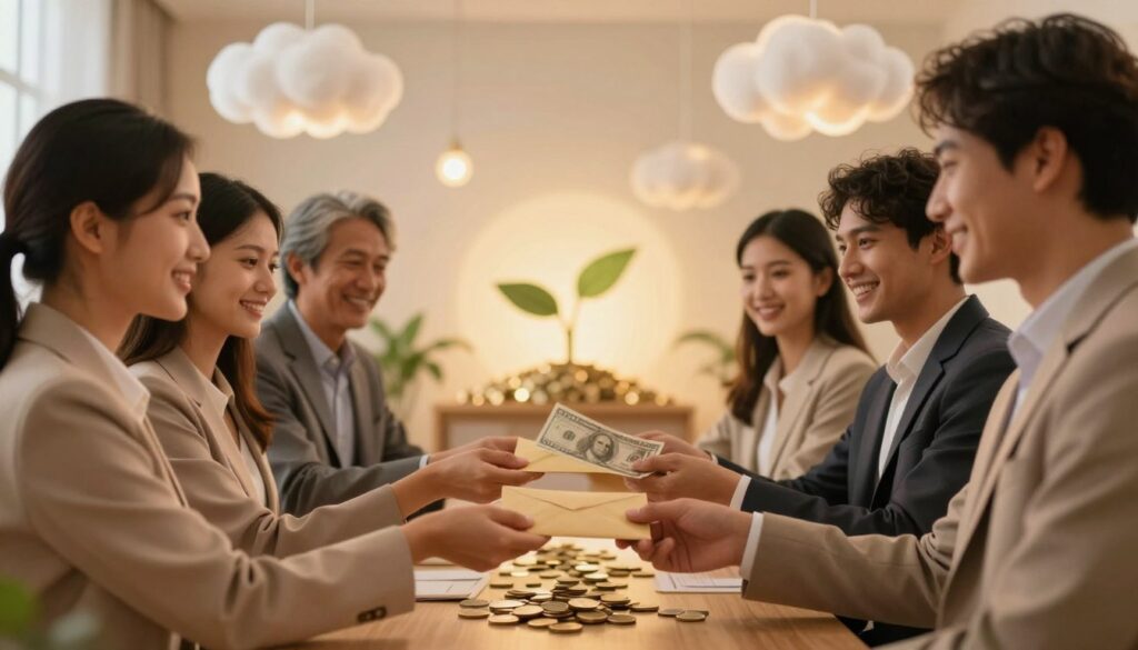 A serene dreamlike scene depicting the act of giving money, focusing on the moment of connection and support. In the foreground, a diverse group of individuals dressed in professional business attire, smiling, and exchanging envelopes filled with money, their expressions radiating gratitude and hope. In the middle, a softly illuminated room with warm, inviting colors, adorned with dream-like elements like floating clouds and soft, glowing lights that enhance the magical atmosphere. In the background, a gentle, abstract representation of financial abundance, such as shimmering coins and soft green plants symbolizing growth. The lighting is warm and ethereal, creating a comforting and uplifting mood, captured with a slightly blurred depth of field to emphasize human interactions while giving a sense of a dreamlike environment. A serene dreamlike scene depicting the act of giving money, focusing on the moment of connection and support. In the foreground, a diverse group of individuals dressed in professional business attire, smiling, and exchanging envelopes filled with money, their expressions radiating gratitude and hope. In the middle, a softly illuminated room with warm, inviting colors, adorned with dream-like elements like floating clouds and soft, glowing lights that enhance the magical atmosphere. In the background, a gentle, abstract representation of financial abundance, such as shimmering coins and soft green plants symbolizing growth. The lighting is warm and ethereal, creating a comforting and uplifting mood, captured with a slightly blurred depth of field to emphasize human interactions while giving a sense of a dreamlike environment.