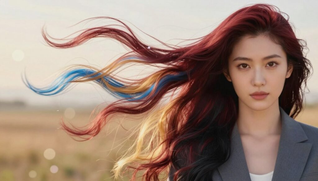 A serene dreamscape depicting a flowing mane of hair, symbolizing the emotional spectrum associated with hair color. In the foreground, a close-up of a person with a confident expression, their long hair transitioning through vibrant shades: deep crimson for passion, soft golden for joy, cool blue for tranquility, and rich black for strength. The person is dressed in modest, professional business attire. In the middle, a whimsical blend of abstract shapes representing various emotions intertwines with the hair. The background features a dreamy, softly-lit landscape, with bokeh effects creating a magical atmosphere. The overall lighting is warm and ethereal, inviting the viewer to reflect on the connection between hair color and emotional depth, all captured with a soft focus lens for a gentle, inviting feel. A serene dreamscape depicting a flowing mane of hair, symbolizing the emotional spectrum associated with hair color. In the foreground, a close-up of a person with a confident expression, their long hair transitioning through vibrant shades: deep crimson for passion, soft golden for joy, cool blue for tranquility, and rich black for strength. The person is dressed in modest, professional business attire. In the middle, a whimsical blend of abstract shapes representing various emotions intertwines with the hair. The background features a dreamy, softly-lit landscape, with bokeh effects creating a magical atmosphere. The overall lighting is warm and ethereal, inviting the viewer to reflect on the connection between hair color and emotional depth, all captured with a soft focus lens for a gentle, inviting feel.
