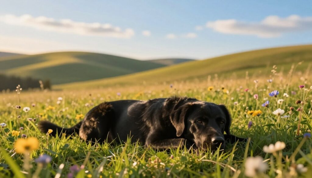 A serene dreamscape featuring a gentle black dog resting peacefully in a lush meadow. In the foreground, the dog lies on soft, vibrant green grass, its calm expression evoking trust and companionship. Surrounding the dog, delicate wildflowers in subtle colors create a gentle contrast. In the middle ground, soft rolling hills bask in warm, golden sunlight, symbolizing warmth and positivity. The background showcases a clear blue sky with wispy clouds, contributing to an atmosphere of tranquility and ease. The lighting is warm and inviting, capturing the golden hour glow, and the scene is slightly softened to enhance the dreamlike quality, inviting viewers to feel the comforting presence of the gentle animal. A serene dreamscape featuring a gentle black dog resting peacefully in a lush meadow. In the foreground, the dog lies on soft, vibrant green grass, its calm expression evoking trust and companionship. Surrounding the dog, delicate wildflowers in subtle colors create a gentle contrast. In the middle ground, soft rolling hills bask in warm, golden sunlight, symbolizing warmth and positivity. The background showcases a clear blue sky with wispy clouds, contributing to an atmosphere of tranquility and ease. The lighting is warm and inviting, capturing the golden hour glow, and the scene is slightly softened to enhance the dreamlike quality, inviting viewers to feel the comforting presence of the gentle animal.
