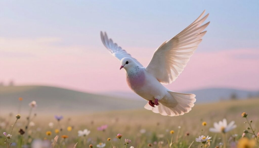 A serene dreamscape featuring a gentle dove in flight, symbolizing peace and hope. In the foreground, the dove is gracefully soaring with its wings spread wide, its feathers shimmering softly in pastel hues of white and light gray. The middle ground reveals a tranquil landscape, with soft rolling hills adorned with ethereal wildflowers bathed in a warm golden light, evoking a sense of calm and spirituality. In the background, a soft-focus sky transitions from pale blue to light pink, suggesting dawn. The lighting is soft and diffused, casting a dreamy atmosphere, while a slight mist adds depth to the scene. Capture this moment from a low angle to emphasize the dove's ascent and the serene environment surrounding it, evoking emotions of inner peace and spiritual connection. A serene dreamscape featuring a gentle dove in flight, symbolizing peace and hope. In the foreground, the dove is gracefully soaring with its wings spread wide, its feathers shimmering softly in pastel hues of white and light gray. The middle ground reveals a tranquil landscape, with soft rolling hills adorned with ethereal wildflowers bathed in a warm golden light, evoking a sense of calm and spirituality. In the background, a soft-focus sky transitions from pale blue to light pink, suggesting dawn. The lighting is soft and diffused, casting a dreamy atmosphere, while a slight mist adds depth to the scene. Capture this moment from a low angle to emphasize the dove's ascent and the serene environment surrounding it, evoking emotions of inner peace and spiritual connection.