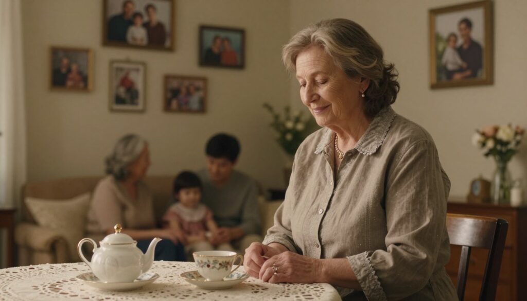 A serene dreamscape featuring a middle-aged woman embodying a "ciocia," or aunt, who exudes warmth and affection. She stands in a softly lit, cozy living room, adorned with family photos on the walls, evoking feelings of nostalgia and connection. In the foreground, a tea set rests on a delicate lace tablecloth, symbolizing familial bonds and tradition. The middle of the scene showcases the aunt, dressed in modest, comfortable clothing, with a gentle smile, as if sharing a comforting story. In the background, blurred silhouettes of family members can be seen, enhancing the atmosphere of togetherness. The soft, warm lighting creates a dreamlike quality, inviting the viewer into a realm of deep emotional ties and familial warmth, amidst gentle whispers of secrets and connections.