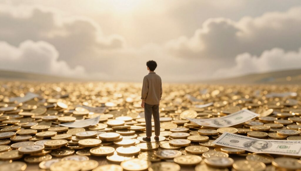A serene dreamscape featuring a person standing in a field of golden coins and bills, symbolizing wealth in a peaceful manner. The foreground highlights the individual, dressed in modest casual clothing, gazing thoughtfully at the shimmering money around them. In the middle ground, soft ethereal light filters down, enhancing the golden hues of the coins. The background includes gentle clouds and a distant, mystical landscape, creating an otherworldly atmosphere. The scene is illuminated by a warm, golden light, with a slightly blurred depth of field to draw focus on the subject. The overall mood should evoke a sense of reflection, blessing, and caution, encapsulating the duality of dreams about money and their deeper meanings.