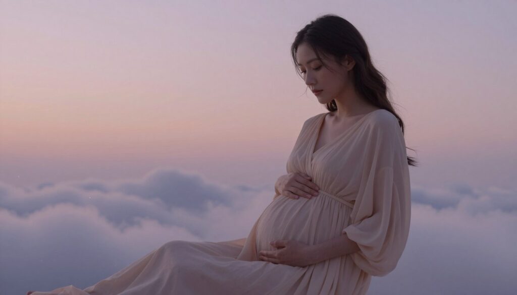 A serene dreamscape featuring a pregnant woman in a soft, ethereal setting. The foreground showcases the woman, dressed in a flowing, modest gown, gently resting her hands on her rounded belly, emanating a sense of peace and anticipation. Her expression is calm and introspective, reflecting a moment of inner transformation. In the middle ground, there are wispy clouds and delicate, twinkling stars, creating a dreamlike atmosphere. The background transitions to a soft gradient of pastel colors, suggesting dawn or dusk, enhancing the feeling of a new beginning. The lighting is soft and diffused, giving a gentle glow to the scene, evoking feelings of warmth and hope, captured from a slightly elevated angle to convey depth in this dream world.