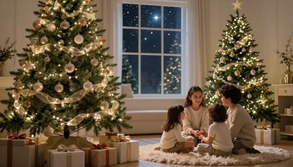 A serene dreamscape featuring a whimsical Christmas tree, elaborately adorned with sparkling ornaments, soft twinkling lights, and delicate ribbons. In the foreground, a cozy scene unfolds with a family gathered around the base of the tree, their expressions filled with joy and wonder. The middle layer of the composition showcases beautifully wrapped gifts, nestled on a plush rug. In the background, a softly illuminated window reveals a starry night sky, casting a gentle glow throughout the space. The lighting is warm and inviting, evoking a sense of nostalgia and hope. The overall atmosphere is magical and harmonious, embodying the spirit of family togetherness and dreams during the holiday season. The angle is slightly elevated, capturing the entire scene with a focus on warmth and light. A serene dreamscape featuring a whimsical Christmas tree, elaborately adorned with sparkling ornaments, soft twinkling lights, and delicate ribbons. In the foreground, a cozy scene unfolds with a family gathered around the base of the tree, their expressions filled with joy and wonder. The middle layer of the composition showcases beautifully wrapped gifts, nestled on a plush rug. In the background, a softly illuminated window reveals a starry night sky, casting a gentle glow throughout the space. The lighting is warm and inviting, evoking a sense of nostalgia and hope. The overall atmosphere is magical and harmonious, embodying the spirit of family togetherness and dreams during the holiday season. The angle is slightly elevated, capturing the entire scene with a focus on warmth and light.