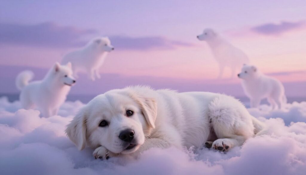 A serene dreamscape featuring a white dog lying peacefully on a soft, fluffy cloud. The foreground shows the dog with expressive, loyal eyes and a gentle smile, symbolizing loyalty and friendship. In the middle ground, ethereal, translucent shapes of various other dogs swirl softly around the white dog, representing the psychological connections we share with animals in our dreams. The background is a calming twilight sky, bathed in pastel hues of purple and pink, creating a tranquil, dreamlike atmosphere. Soft, diffused lighting enhances the peaceful mood of the scene, while a shallow depth of field focuses on the white dog, giving a sense of warmth and protection.