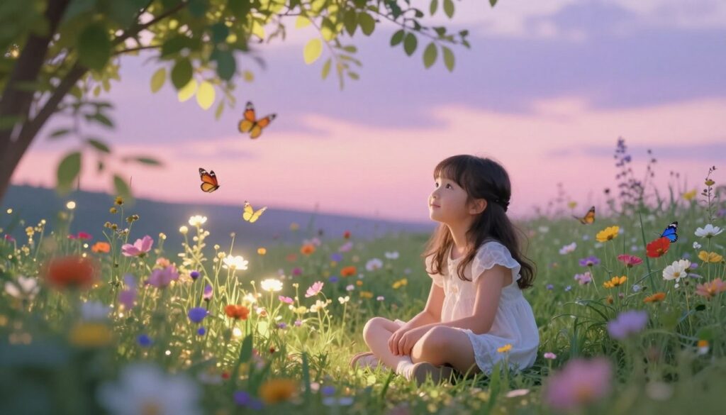 A serene dreamscape featuring a young girl, around seven years old, who embodies innocence and harmony. She is sitting cross-legged in a lush, vibrant meadow filled with wildflowers, surrounded by soft, glowing light that filters through the leaves overhead. In the foreground, the girl's gentle smile reflects a sense of peace and emotional connection to the world around her. In the middle ground, playful butterflies flutter among colorful blossoms, symbolizing joy and freedom. The background presents a tranquil sky at dusk, with pastel hues of pink and purple, hinting at a calming evening. The overall mood should evoke feelings of warmth, safety, and a longing for balance. Use a soft focus lens effect to enhance the dreamlike quality of the scene. A serene dreamscape featuring a young girl, around seven years old, who embodies innocence and harmony. She is sitting cross-legged in a lush, vibrant meadow filled with wildflowers, surrounded by soft, glowing light that filters through the leaves overhead. In the foreground, the girl's gentle smile reflects a sense of peace and emotional connection to the world around her. In the middle ground, playful butterflies flutter among colorful blossoms, symbolizing joy and freedom. The background presents a tranquil sky at dusk, with pastel hues of pink and purple, hinting at a calming evening. The overall mood should evoke feelings of warmth, safety, and a longing for balance. Use a soft focus lens effect to enhance the dreamlike quality of the scene.