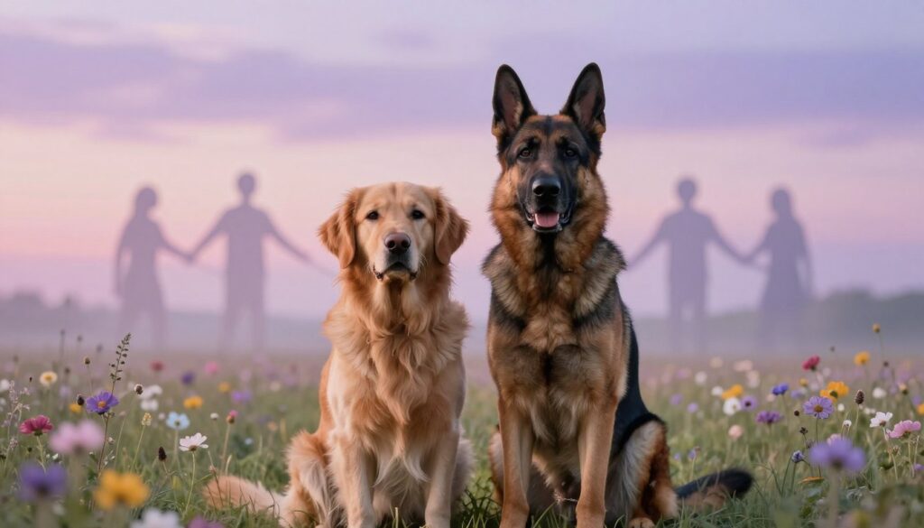 A serene dreamscape featuring two large, majestic dogs sitting protectively in the foreground, embodying loyalty and strength. The first dog, a golden retriever, gazes lovingly at the viewer, while the second, a powerful German shepherd, stands alert and watchful. They are surrounded by a vibrant field of soft, ethereal flowers, gently swaying in the breeze, creating a sense of tranquility. In the middle ground, a hazy representation of interconnected human figures can be seen, symbolizing relationships and connections. The background fades into a dreamy twilight sky, with soft pastel colors blending into one another, creating a calming atmosphere. The lighting is soft and diffused, mimicking the early morning glow, enhancing the dreamlike quality of the scene. The composition invites contemplation on the bond between humans and dogs in dreams. A serene dreamscape featuring two large, majestic dogs sitting protectively in the foreground, embodying loyalty and strength. The first dog, a golden retriever, gazes lovingly at the viewer, while the second, a powerful German shepherd, stands alert and watchful. They are surrounded by a vibrant field of soft, ethereal flowers, gently swaying in the breeze, creating a sense of tranquility. In the middle ground, a hazy representation of interconnected human figures can be seen, symbolizing relationships and connections. The background fades into a dreamy twilight sky, with soft pastel colors blending into one another, creating a calming atmosphere. The lighting is soft and diffused, mimicking the early morning glow, enhancing the dreamlike quality of the scene. The composition invites contemplation on the bond between humans and dogs in dreams.