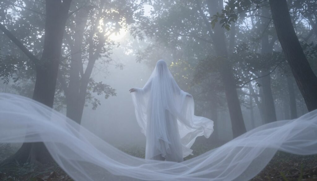 A serene, ethereal scene depicting a "biały duch" or white spirit, gently floating in a misty forest. In the foreground, soft, translucent wisps of white fabric billow around the spirit, giving it a ghostly yet graceful appearance. The middle ground features tall, shadowy trees with faintly glowing leaves, illuminated by dappled moonlight filtering through the branches. In the background, a soft, dreamy fog envelops the ground, creating an otherworldly atmosphere. The color palette should consist of soft whites, silvery grays, and hints of pale blue. Capture the scene with a wide-angle lens to enhance the depth and immerse the viewer in the mystical ambiance. The overall mood should evoke feelings of nostalgia and mystery, inviting contemplation of the unseen.