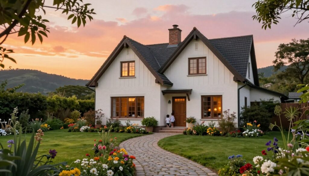 A serene family home nestled in a tranquil setting, surrounded by lush greenery. In the foreground, a well-kept garden with colorful flowers and a cobblestone path leading to the front door, inviting a sense of warmth and nostalgia. In the middle ground, the charming house features a classic design with a pitched roof, large windows reflecting the soft golden glow of a late afternoon sun. The background showcases a peaceful landscape with soft hills and a vibrant sunset painting the sky in warm hues of orange and pink, evoking memories of childhood and familial bonds. The overall mood is one of comfort and reflection, capturing the essence of home and the influence of past experiences on dreams about family spaces. The scene is illuminated with natural light, enhancing the inviting atmosphere.