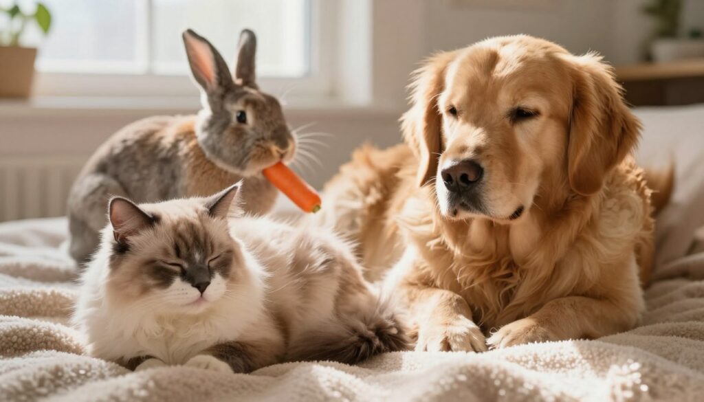 A serene indoor scene featuring various domestic animals in a dreamy state of repose. In the foreground, a fluffy cat curled up on a soft, plush blanket, eyes gently closed, radiating tranquility. Beside it, a golden retriever lounging peacefully, with a calm and content expression. In the middle ground, a small rabbit nibbles on a carrot, oblivious to the world around it, embodying innocence. The background is softly blurred, with warm sunlight streaming through a window, casting gentle shadows that enhance the cozy atmosphere. The overall mood is one of peace, reflecting the deep connection between humans and their pets, inviting viewers to contemplate the emotional bond they share. The composition should evoke warmth and comfort, suggesting a safe haven for these beloved animals. A serene indoor scene featuring various domestic animals in a dreamy state of repose. In the foreground, a fluffy cat curled up on a soft, plush blanket, eyes gently closed, radiating tranquility. Beside it, a golden retriever lounging peacefully, with a calm and content expression. In the middle ground, a small rabbit nibbles on a carrot, oblivious to the world around it, embodying innocence. The background is softly blurred, with warm sunlight streaming through a window, casting gentle shadows that enhance the cozy atmosphere. The overall mood is one of peace, reflecting the deep connection between humans and their pets, inviting viewers to contemplate the emotional bond they share. The composition should evoke warmth and comfort, suggesting a safe haven for these beloved animals.