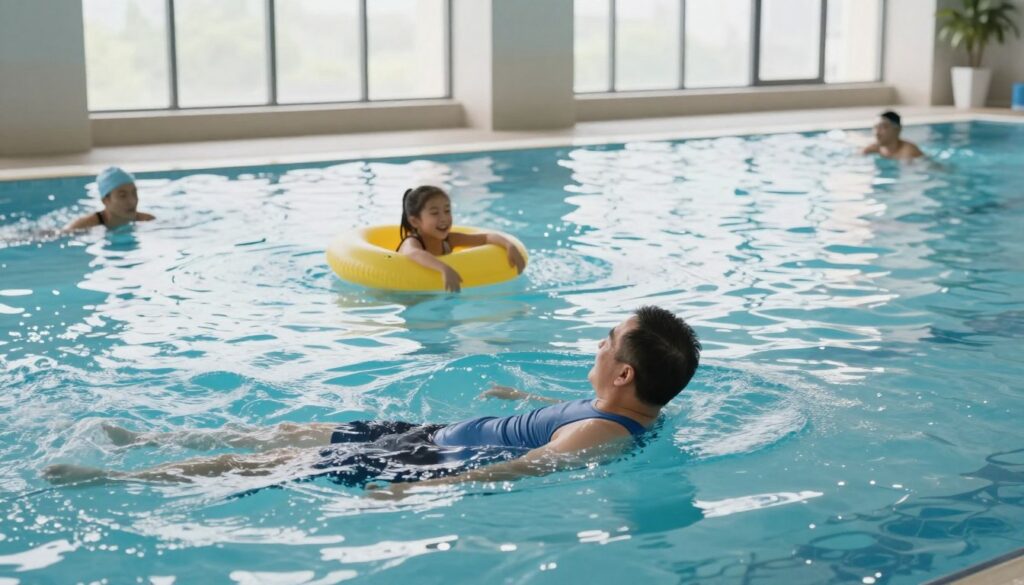 A serene indoor swimming pool scene, showcasing individuals of diverse backgrounds engaged in leisurely swimming activities. In the foreground, a middle-aged man in a modest blue athletic outfit swims strokes with grace, creating gentle ripples in the water. In the middle ground, a young girl with a bright yellow inflatable float explores the shallow end, laughing joyfully. The background features large windows allowing soft, natural light to flood the area, reflecting off the water's surface, creating a tranquil atmosphere. The overall mood is peaceful and rejuvenating, emphasizing the therapeutic quality of water and the emotions it invokes, with a focus on the clarity and vibrancy of the scene.
