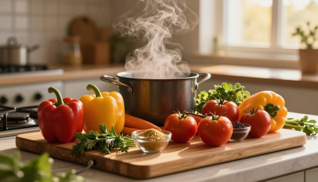 A serene kitchen scene depicting an array of fresh, vibrant ingredients symbolizing dreams and creativity. In the foreground, a wooden cutting board is adorned with colorful vegetables like bell peppers, tomatoes, and herbs, interspersed with shimmering spices in small bowls. In the middle ground, a pot sits on a stovetop, steam gently rising, symbolizing the act of cooking as a metaphor for preparation and care. The background features soft, warm lighting from a window, casting a golden hue across the entire scene, enhancing the feeling of warmth and nurturing. The overall atmosphere is inviting and inspirational, suggesting that each ingredient carries a unique story and significance, appealing to the theme of symbolism in dreams.