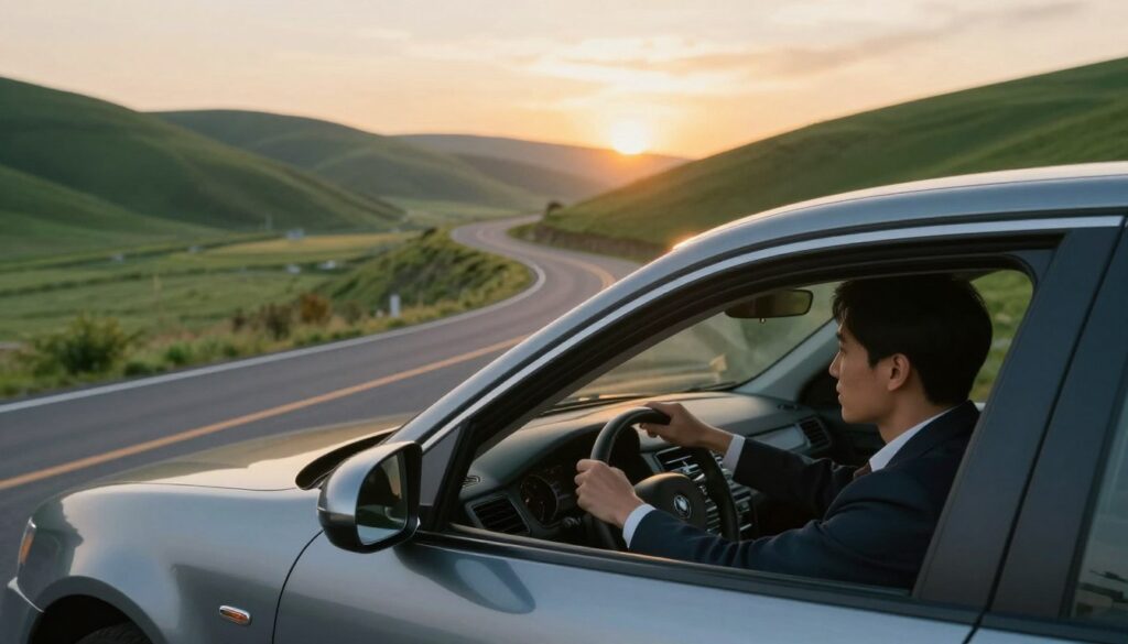 A serene landscape at dawn featuring a person driving a car along a winding road, symbolizing control over life's journey. The foreground shows the car with a focused driver in professional business attire, hands on the steering wheel, emanating determination. In the middle ground, lush green hills and gentle curves of the road reflect a sense of adventure. The background reveals a soft sunrise, casting warm golden light across the scene, evoking hope and new beginnings. The atmosphere is calm and introspective, highlighting the metaphor of driving as navigating through life's direction. The angle is slightly elevated, offering a panoramic view of the road ahead, enhancing the feeling of freedom and opportunity.