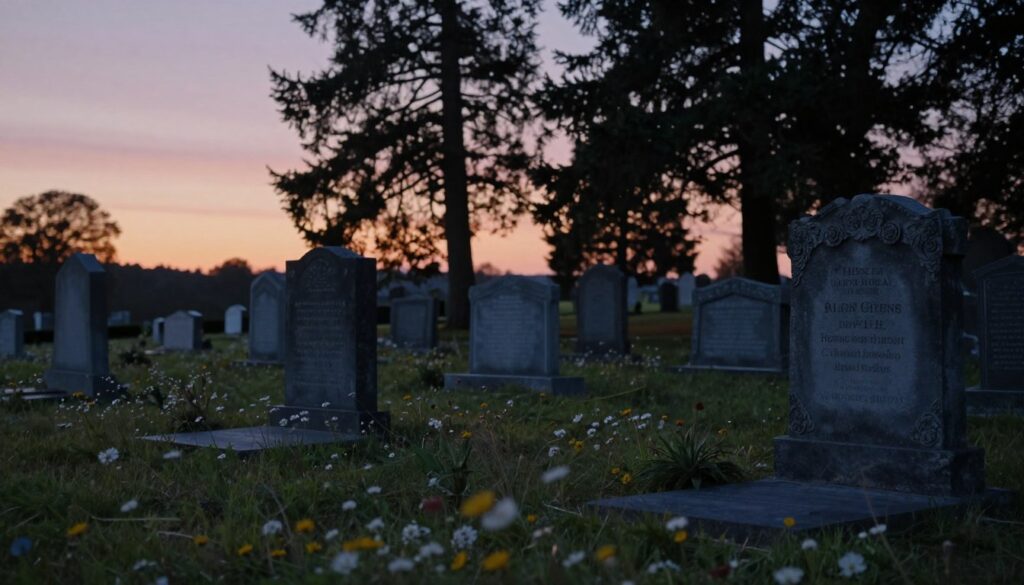 A serene landscape depicting a tranquil cemetery at dusk, emphasizing the psychological themes of reflection and peace associated with dreams of resting places. In the foreground, delicate wildflowers softly sway in the gentle evening breeze, their colors muted. The middle ground features elegantly crafted gravestones, some adorned with intricate carvings, under a sky transitioning from pastel hues of orange and pink to deep indigo. In the background, we see evergreen trees casting elongated shadows, their branches whispering secrets of the past. Soft, ethereal lighting enhances the atmosphere, evoking tranquility and contemplation. The image should be captured from a slightly elevated angle, allowing for a panoramic view that invites the observer into a thoughtful, reflective mood, without any human subjects present. A serene landscape depicting a tranquil cemetery at dusk, emphasizing the psychological themes of reflection and peace associated with dreams of resting places. In the foreground, delicate wildflowers softly sway in the gentle evening breeze, their colors muted. The middle ground features elegantly crafted gravestones, some adorned with intricate carvings, under a sky transitioning from pastel hues of orange and pink to deep indigo. In the background, we see evergreen trees casting elongated shadows, their branches whispering secrets of the past. Soft, ethereal lighting enhances the atmosphere, evoking tranquility and contemplation. The image should be captured from a slightly elevated angle, allowing for a panoramic view that invites the observer into a thoughtful, reflective mood, without any human subjects present.