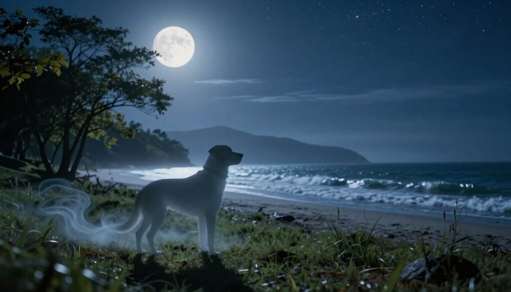 A serene landscape depicting a tranquil, moonlit night. In the foreground, a ghostly silhouette of a large dog, representing a departed canine friend, stands on a grassy hillock. The dog is gazing toward a distant horizon, where soft waves crash gently on the shore under a starlit sky. Ethereal wisps of mist curl around the dog’s paws, adding a sense of longing and nostalgia. In the middle ground, lush trees softly rustle in the breeze, their leaves illuminated by the silvery moonlight. The background features faint mountains under a deep blue sky, with stars twinkling brightly, evoking a sense of peace and reflection. The scene is imbued with an atmosphere of calmness and sorrow, capturing the essence of memories of love and loss.
