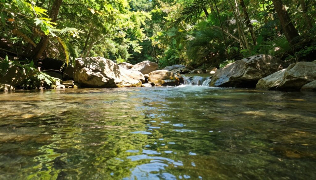 A serene landscape featuring crystal-clear water flowing gently through a lush green forest. In the foreground, detailed reflections of vibrant foliage shimmer on the surface of the water. The middle ground showcases smooth, sunlit rocks partially submerged, adding texture to the scene. In the background, tall trees with dappled sunlight filtering through their leaves create a peaceful atmosphere. A soft, warm light bathes the entire scene, emphasizing the clarity and purity of the water, with gentle ripples enhancing the tranquil feel. The overall mood is one of calmness and clarity, inviting contemplation and introspection, capturing the essence of clean water as a symbol of purity and emotional cleansing.