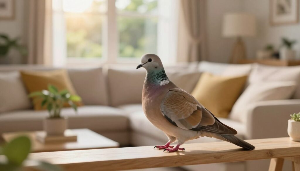 A serene living room scene bathed in warm, inviting light, showcasing a graceful dove perched on a window sill. In the foreground, the dove displays soft, iridescent feathers, its head turned slightly as if surveying its surroundings. The middle ground reveals a cozy, well-decorated room with hints of nature—a small indoor plant and bright cushions on a plush couch. In the background, a softly glowing window reveals a tranquil garden outside, with gentle sunlight streaming in. The atmosphere is peaceful and contemplative, evoking feelings of hope and serenity. Use a shallow depth of field to focus on the dove, enhancing its significance within the harmonious setting. The overall composition should reflect a sense of calm and introspection, resonating with themes of peace and spiritual messages. A serene living room scene bathed in warm, inviting light, showcasing a graceful dove perched on a window sill. In the foreground, the dove displays soft, iridescent feathers, its head turned slightly as if surveying its surroundings. The middle ground reveals a cozy, well-decorated room with hints of nature—a small indoor plant and bright cushions on a plush couch. In the background, a softly glowing window reveals a tranquil garden outside, with gentle sunlight streaming in. The atmosphere is peaceful and contemplative, evoking feelings of hope and serenity. Use a shallow depth of field to focus on the dove, enhancing its significance within the harmonious setting. The overall composition should reflect a sense of calm and introspection, resonating with themes of peace and spiritual messages.