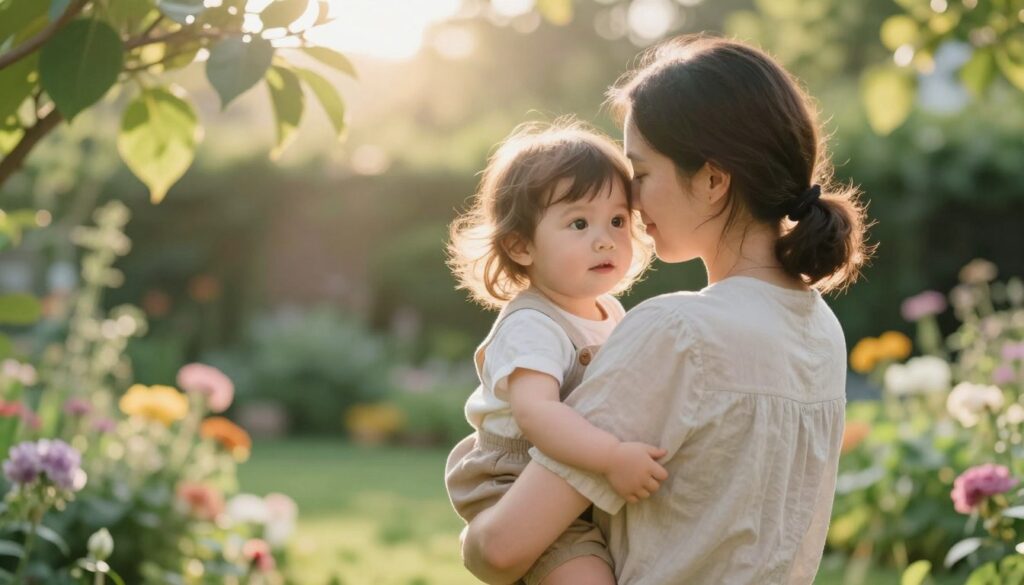 A serene moment capturing a young child being lovingly held in the arms of a caring adult. In the foreground, the adult, dressed in modest, casual attire, cradles the child gently, showcasing their bond. The child, a girl with soft, delicate features, gazes up with wide, innocent eyes, symbolizing purity and new emotions. In the middle ground, soft sunlight filters through leaves, casting a gentle, warm glow that enhances the intimate atmosphere. The background features a lush, tranquil garden, filled with blooming flowers and greenery, representing growth and positive changes. The overall mood is one of warmth, tenderness, and hope, inviting a sense of peace and promise for new beginnings.