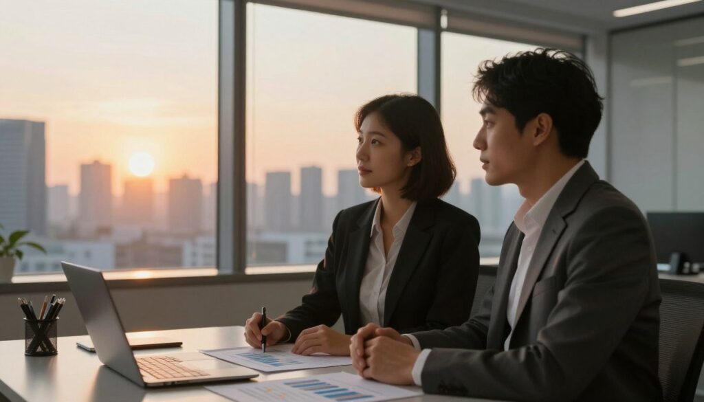 A serene office environment with two professional business people, dressed in smart attire, standing side by side, embodying the concept of duality represented by twins. In the foreground, they are engaging in a focused discussion, with financial charts and reports on a sleek desk in front of them. In the middle ground, a window with a view of a bustling city skyline during sunset, casting a warm, golden light into the room. The background features soft, muted tones to enhance the atmosphere of ambition and new possibilities. The overall mood is one of hopefulness and determination, symbolizing career growth and opportunities arising from collaboration and dual perspectives. A serene office environment with two professional business people, dressed in smart attire, standing side by side, embodying the concept of duality represented by twins. In the foreground, they are engaging in a focused discussion, with financial charts and reports on a sleek desk in front of them. In the middle ground, a window with a view of a bustling city skyline during sunset, casting a warm, golden light into the room. The background features soft, muted tones to enhance the atmosphere of ambition and new possibilities. The overall mood is one of hopefulness and determination, symbolizing career growth and opportunities arising from collaboration and dual perspectives.