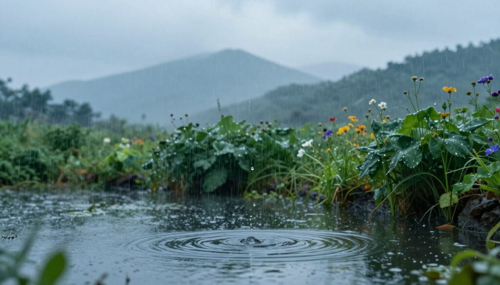 A serene scene capturing the emotional essence of rain falling gently in a tranquil landscape. In the foreground, delicate raindrops kiss the surface of a still pond, creating gentle ripples that symbolize emotional release. The middle ground features lush, vibrant green foliage, glistening with moisture, interspersed with colorful wildflowers, enhancing the sense of renewal. In the background, soft, misty mountains fade into a cloudy sky, channeling a sense of introspection and calm. The lighting is soft and diffused, suggesting a moody yet peaceful atmosphere, with cool hues of blue and gray predominating. The lens captures a slightly elevated angle, immersing the viewer in this contemplative moment, evoking feelings of cleansing, sadness, and emotional relief. A serene scene capturing the emotional essence of rain falling gently in a tranquil landscape. In the foreground, delicate raindrops kiss the surface of a still pond, creating gentle ripples that symbolize emotional release. The middle ground features lush, vibrant green foliage, glistening with moisture, interspersed with colorful wildflowers, enhancing the sense of renewal. In the background, soft, misty mountains fade into a cloudy sky, channeling a sense of introspection and calm. The lighting is soft and diffused, suggesting a moody yet peaceful atmosphere, with cool hues of blue and gray predominating. The lens captures a slightly elevated angle, immersing the viewer in this contemplative moment, evoking feelings of cleansing, sadness, and emotional relief.