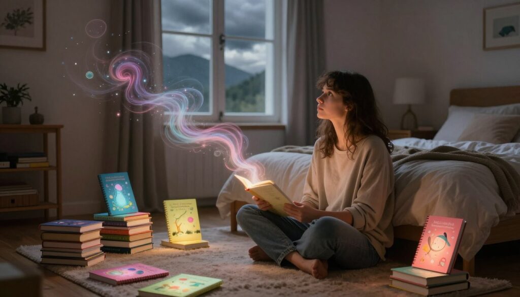 A serene scene depicting a dreamer in a cozy bedroom, surrounded by softly glowing dream journals and ethereal, swirling wisps of color representing dreams. In the foreground, a thoughtful person in modest casual clothing sits cross-legged on a soft rug, surrounded by piles of colorful, illustrative dream journals. The middle ground features a gently illuminated window showing a stormy sky outside, symbolizing intense emotions. The background portrays an ambiance of calmness with distant mountains and soft, muted colors, enhancing the feeling of introspection. The lighting is warm and inviting, casting gentle shadows that create a peaceful atmosphere. The overall mood should convey a sense of reflection, self-discovery, and the transformative power of dreams. A serene scene depicting a dreamer in a cozy bedroom, surrounded by softly glowing dream journals and ethereal, swirling wisps of color representing dreams. In the foreground, a thoughtful person in modest casual clothing sits cross-legged on a soft rug, surrounded by piles of colorful, illustrative dream journals. The middle ground features a gently illuminated window showing a stormy sky outside, symbolizing intense emotions. The background portrays an ambiance of calmness with distant mountains and soft, muted colors, enhancing the feeling of introspection. The lighting is warm and inviting, casting gentle shadows that create a peaceful atmosphere. The overall mood should convey a sense of reflection, self-discovery, and the transformative power of dreams.