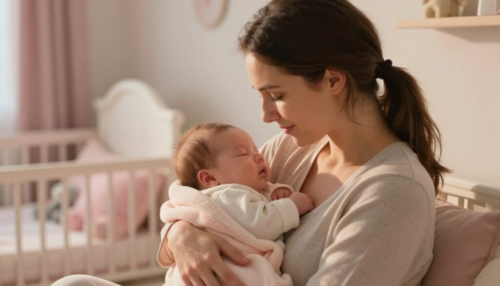 A serene scene depicting a gentle interpretation of a dream involving a mother holding an infant in her arms. The foreground features the mother, dressed in modest, casual clothing, radiating warmth and tenderness, with soft, loving expressions on her face as she gazes lovingly at the sleeping baby. The middle ground showcases the infant, swathed in a snug, pastel blanket, encapsulating innocence and vulnerability. In the background, a softly lit nursery is visible, with calming pastel colors, plush toys, and gentle shadows creating a tranquil atmosphere. The lighting is soft and warm, casting a golden glow that enhances the emotional connection between mother and child. The angle is slightly above eye level, focusing on the intimate bond shared in this moment of care and affection. A serene scene depicting a gentle interpretation of a dream involving a mother holding an infant in her arms. The foreground features the mother, dressed in modest, casual clothing, radiating warmth and tenderness, with soft, loving expressions on her face as she gazes lovingly at the sleeping baby. The middle ground showcases the infant, swathed in a snug, pastel blanket, encapsulating innocence and vulnerability. In the background, a softly lit nursery is visible, with calming pastel colors, plush toys, and gentle shadows creating a tranquil atmosphere. The lighting is soft and warm, casting a golden glow that enhances the emotional connection between mother and child. The angle is slightly above eye level, focusing on the intimate bond shared in this moment of care and affection.