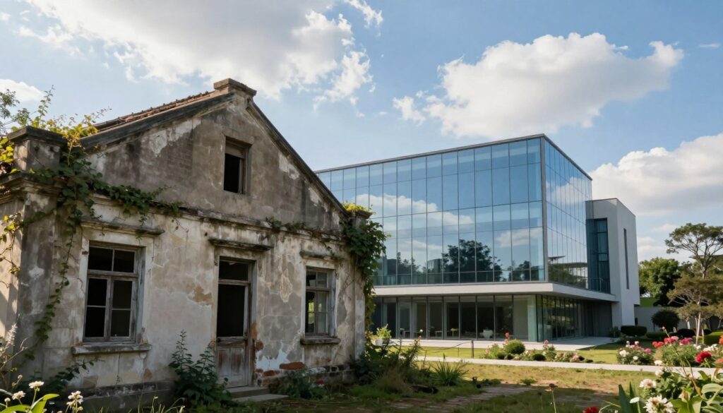 A serene scene depicting a juxtaposition of an old dilapidated building and a modern, sleek structure, symbolizing the contrast between tradition and innovation. In the foreground, the old building features weathered stone walls, cracked windows, and overgrown vines, exuding a sense of nostalgia and history. The middle ground presents the new building, characterized by glass panels and sharp angles, reflecting a bright blue sky and showcasing contemporary design. Soft sunlight filters through fluffy white clouds, casting gentle shadows that enhance the peaceful atmosphere. In the background, a garden with blooming flowers adds vibrancy, creating a harmonious balance between the two architectural styles, inviting contemplation on the meanings of home and security in life. A serene scene depicting a juxtaposition of an old dilapidated building and a modern, sleek structure, symbolizing the contrast between tradition and innovation. In the foreground, the old building features weathered stone walls, cracked windows, and overgrown vines, exuding a sense of nostalgia and history. The middle ground presents the new building, characterized by glass panels and sharp angles, reflecting a bright blue sky and showcasing contemporary design. Soft sunlight filters through fluffy white clouds, casting gentle shadows that enhance the peaceful atmosphere. In the background, a garden with blooming flowers adds vibrancy, creating a harmonious balance between the two architectural styles, inviting contemplation on the meanings of home and security in life.