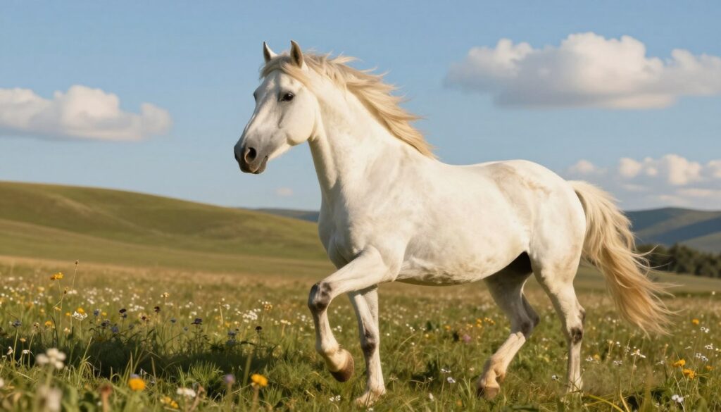 A serene scene depicting a majestic white horse galloping freely through a sunlit meadow, embodying strength and freedom. The horse is in the foreground, with its mane flowing elegantly, showcasing a sense of movement and vitality. The middle ground features a gently rolling landscape dotted with wildflowers and lush grass. In the background, soft hills fade into a clear blue sky, scattered with a few fluffy clouds, creating an atmosphere of tranquility. The lighting is warm and golden, reminiscent of late afternoon sun, enhancing the radiant coat of the horse. The composition captures a sense of peace and harmony, inviting the viewer to reflect on the deeper meanings of equestrian dreams. A serene scene depicting a majestic white horse galloping freely through a sunlit meadow, embodying strength and freedom. The horse is in the foreground, with its mane flowing elegantly, showcasing a sense of movement and vitality. The middle ground features a gently rolling landscape dotted with wildflowers and lush grass. In the background, soft hills fade into a clear blue sky, scattered with a few fluffy clouds, creating an atmosphere of tranquility. The lighting is warm and golden, reminiscent of late afternoon sun, enhancing the radiant coat of the horse. The composition captures a sense of peace and harmony, inviting the viewer to reflect on the deeper meanings of equestrian dreams.