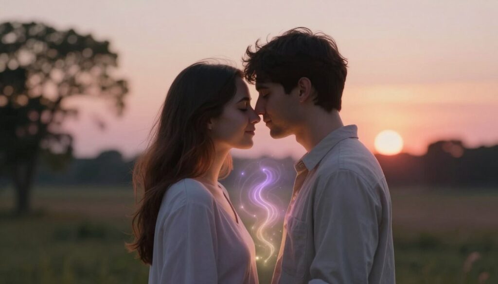 A serene scene depicting a spiritual kiss between two figures, symbolizing harmony and connection. In the foreground, a couple stands close, their foreheads nearly touching, with soft smiles and closed eyes, dressed in modest casual clothing. The middle ground features a softly glowing aura around them, suggesting an ethereal bond, while gentle swirling lights and pastel colors evoke a sense of calm and introspection. The background features a tranquil landscape with blurred silhouettes of trees and a soft sunset casting warm hues of orange and pink, creating a peaceful atmosphere. The lighting is soft and diffused, reminiscent of golden hour, enhancing the spiritual dimension of their connection. The overall mood is tranquil, inviting a sense of curiosity and exploration of unknown emotions. A serene scene depicting a spiritual kiss between two figures, symbolizing harmony and connection. In the foreground, a couple stands close, their foreheads nearly touching, with soft smiles and closed eyes, dressed in modest casual clothing. The middle ground features a softly glowing aura around them, suggesting an ethereal bond, while gentle swirling lights and pastel colors evoke a sense of calm and introspection. The background features a tranquil landscape with blurred silhouettes of trees and a soft sunset casting warm hues of orange and pink, creating a peaceful atmosphere. The lighting is soft and diffused, reminiscent of golden hour, enhancing the spiritual dimension of their connection. The overall mood is tranquil, inviting a sense of curiosity and exploration of unknown emotions.