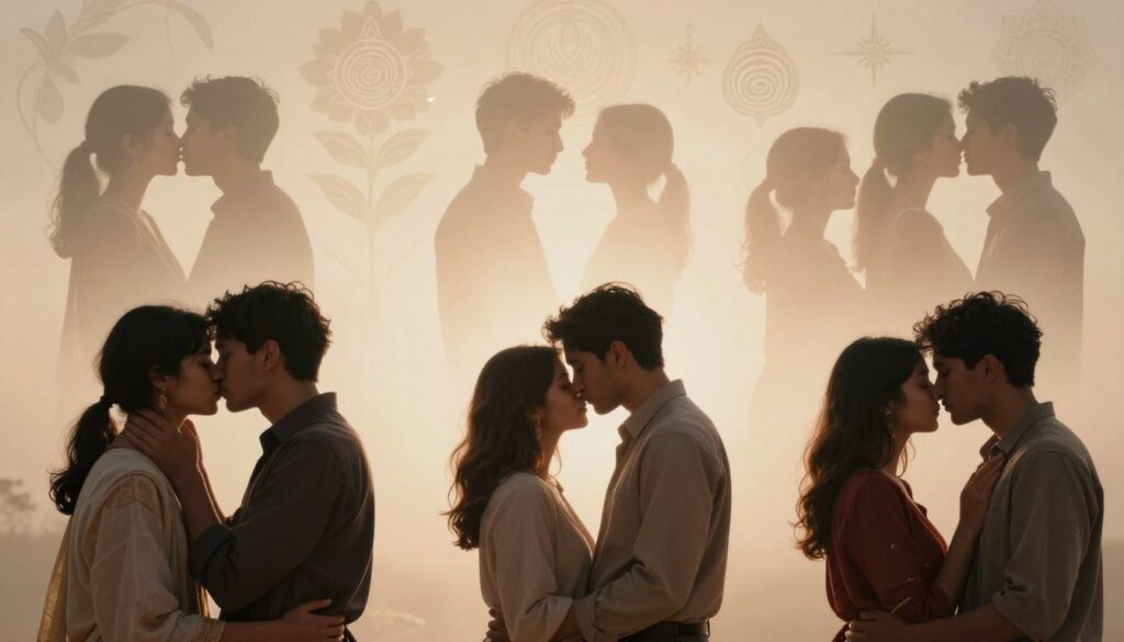 A serene scene depicting diverse cultural interpretations of a kiss, representing longing and spiritual connection. In the foreground, a central figure in modest, professional attire gently touches foreheads with two other figures from different cultures, symbolizing unity and understanding. In the middle ground, softly illuminated silhouettes of youthful people exchanging friendly, affectionate gestures, reflecting cultural customs around greetings and farewells. The background features ethereal, translucent elements like delicate floral motifs and spiritual symbols from various traditions, creating a tranquil atmosphere. The lighting is soft and warm, casting gentle shadows that enhance the emotional depth, evoking feelings of connection, nostalgia, and remembrance. Use a wide-angle lens to capture the richness of this diverse interaction. A serene scene depicting diverse cultural interpretations of a kiss, representing longing and spiritual connection. In the foreground, a central figure in modest, professional attire gently touches foreheads with two other figures from different cultures, symbolizing unity and understanding. In the middle ground, softly illuminated silhouettes of youthful people exchanging friendly, affectionate gestures, reflecting cultural customs around greetings and farewells. The background features ethereal, translucent elements like delicate floral motifs and spiritual symbols from various traditions, creating a tranquil atmosphere. The lighting is soft and warm, casting gentle shadows that enhance the emotional depth, evoking feelings of connection, nostalgia, and remembrance. Use a wide-angle lens to capture the richness of this diverse interaction.