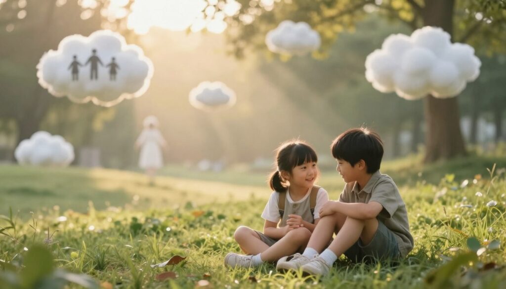 A serene scene depicting two siblings in a dreamlike setting, exploring their emotional bond. In the foreground, a brother and sister, dressed in modest casual clothing, sit together on a soft grassy hill, sharing stories with gentle smiles. The middle ground features whimsical, surreal elements such as floating clouds shaped like symbols of family and love. In the background, a glowing, ethereal landscape represents their connections with light streaming through trees, casting a warm, golden glow. The atmosphere is warm and inviting, evoking feelings of nostalgia and comfort. The lighting is soft and diffused, reminiscent of a dreamy afternoon, with a shallow depth of field that emphasizes the siblings' interaction.